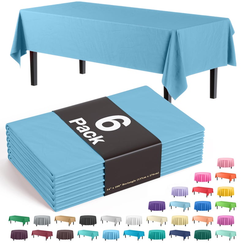 Party Solids 6-Pack Premium Plastic Tablecloth 54in. x 108in. Rectangle Plastic Table Cover - Sky Blue - Image 1